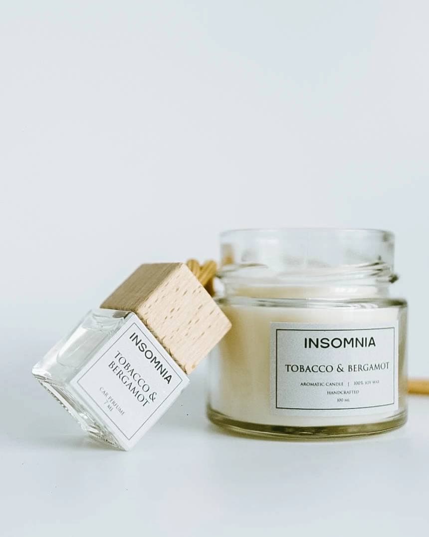 Свеча и автопарфюм Insomnia с этикеткой «Tobacco & Bergamot»